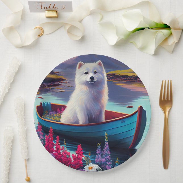 American Eskimo Dog on Paddle: A Scenic Adventure Paper Plate (Wedding)