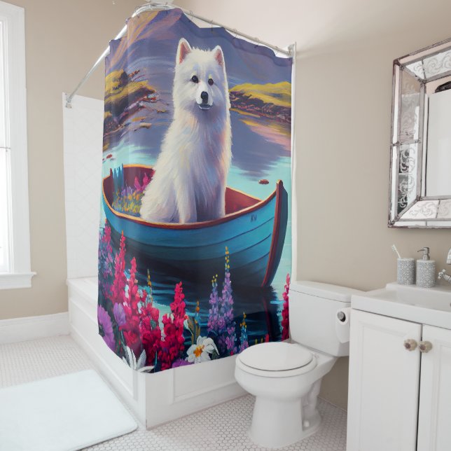 American Eskimo Dog on Paddle: A Scenic Adventure Shower Curtain (In Situ)