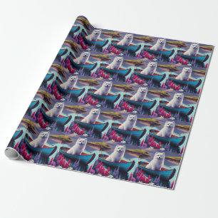 American Eskimo Dog on Paddle: A Scenic Adventure Wrapping Paper