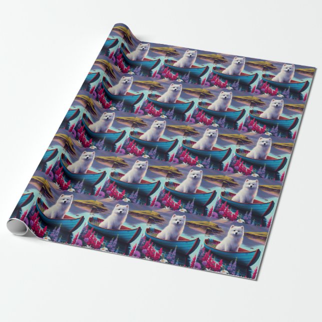 American Eskimo Dog on Paddle: A Scenic Adventure Wrapping Paper (Unrolled)