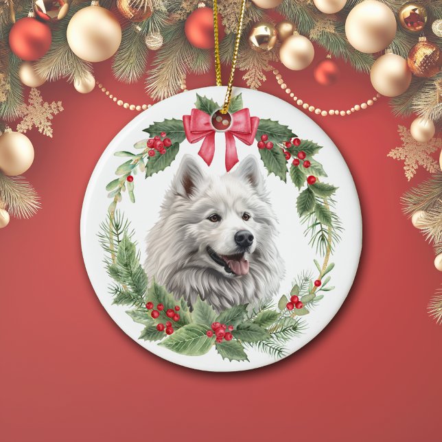 American Eskimo Dog Red Bow Holly Wreath Ceramic Ornament (Creator Uploaded)