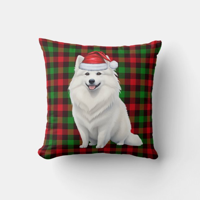 American Eskimo Dog Red Plaid Christmas Holiday Cushion (Front)