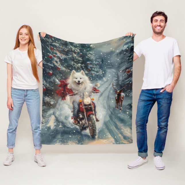 American Eskimo Dog Riding Motorcycle Christmas  Fleece Blanket (In Situ)