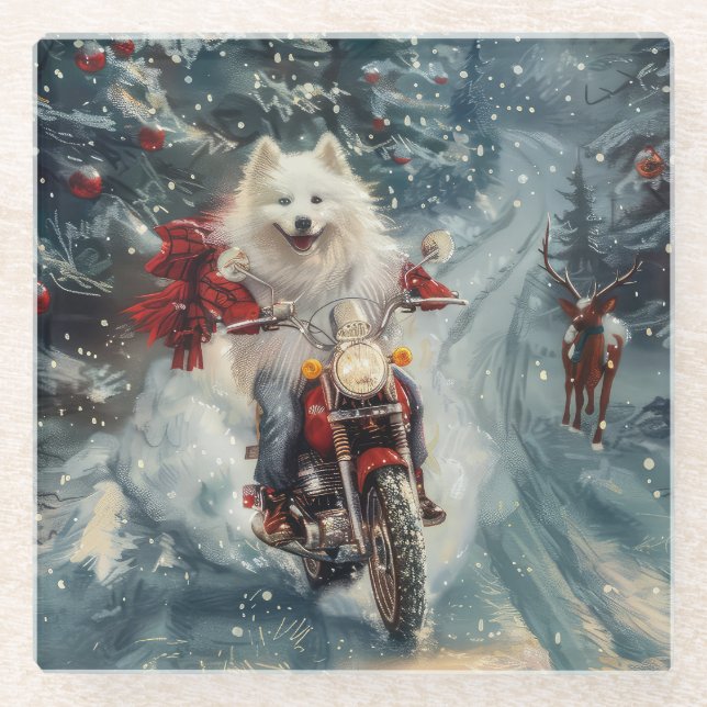 American Eskimo Dog Riding Motorcycle Christmas  Glass Coaster (Front)