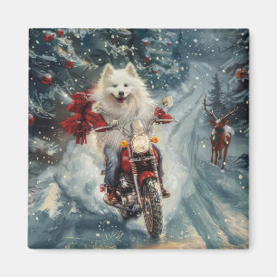 American Eskimo Dog Riding Motorcycle Christmas  Magnet