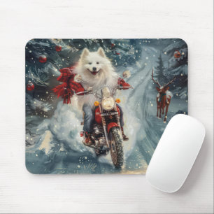 American Eskimo Dog Riding Motorcycle Christmas  Mouse Pad