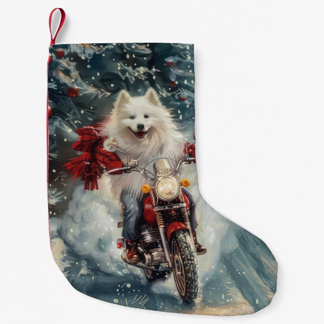 American Eskimo Dog Riding Motorcycle Christmas  Small Christmas Stocking (Front)