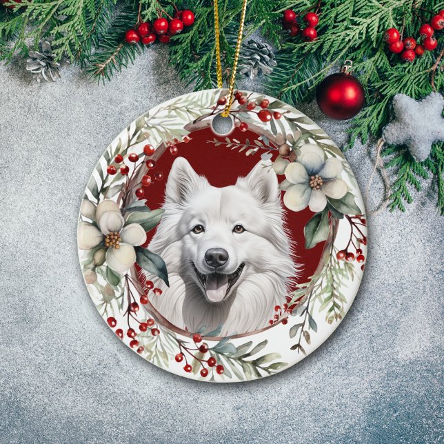 American Eskimo Dog Rustic Christmas Wreath Ceramic Ornament (Creator Uploaded)