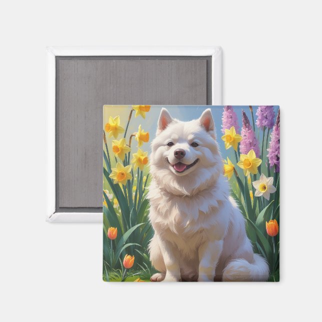American Eskimo Dog Spring Flowers Painting Magnet (Front/Back)