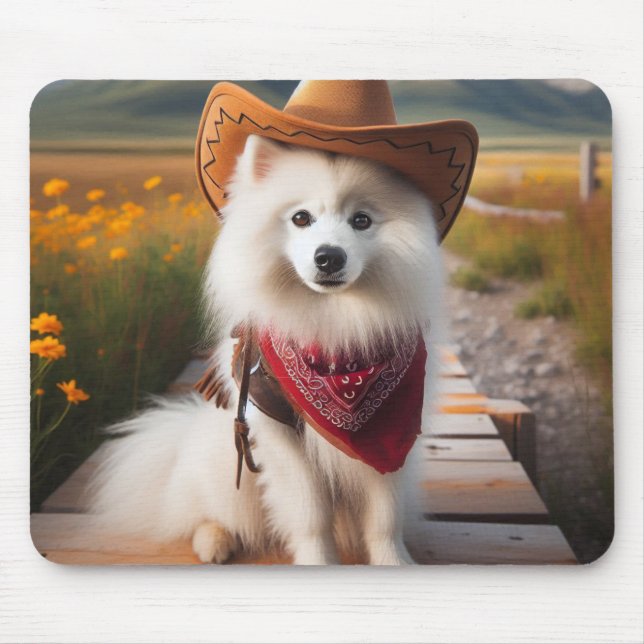 American Eskimo Dog wearing a Cowboy Hat Brown Mouse Pad (Front)