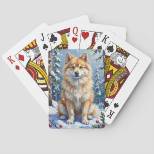 American Eskimo Dog Winter Forest Floral Playing Cards