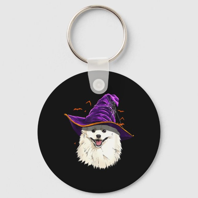American Eskimo Dog Witch Hat Funny Halloween Dog Key Ring (Front)