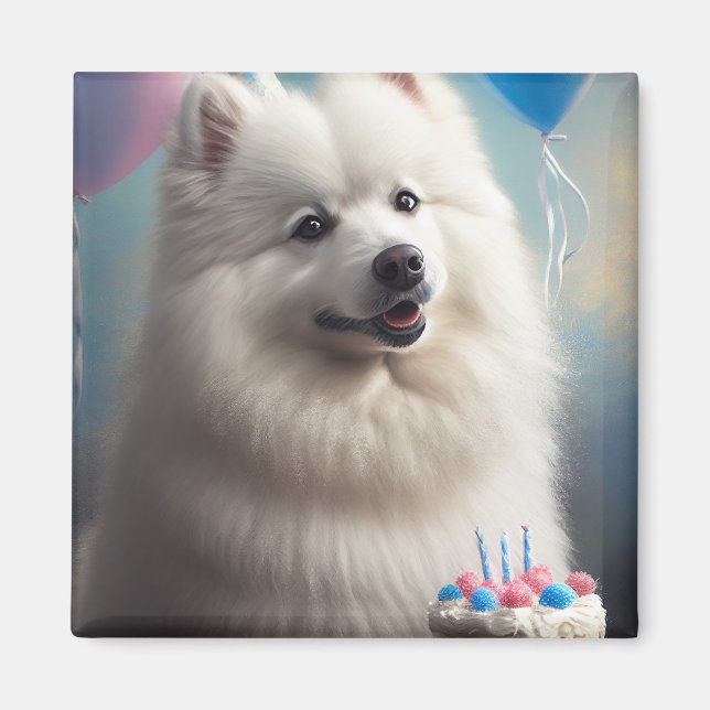 American eskimo dog with balloons birthday magnet (Front)