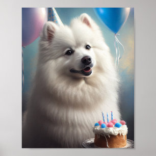 American eskimo dog with balloons birthday poster