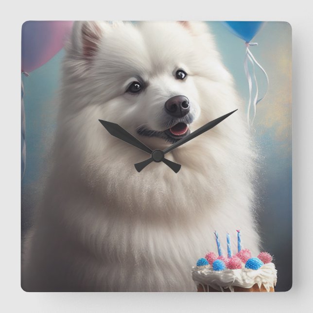 American eskimo dog with balloons birthday square wall clock (Front)