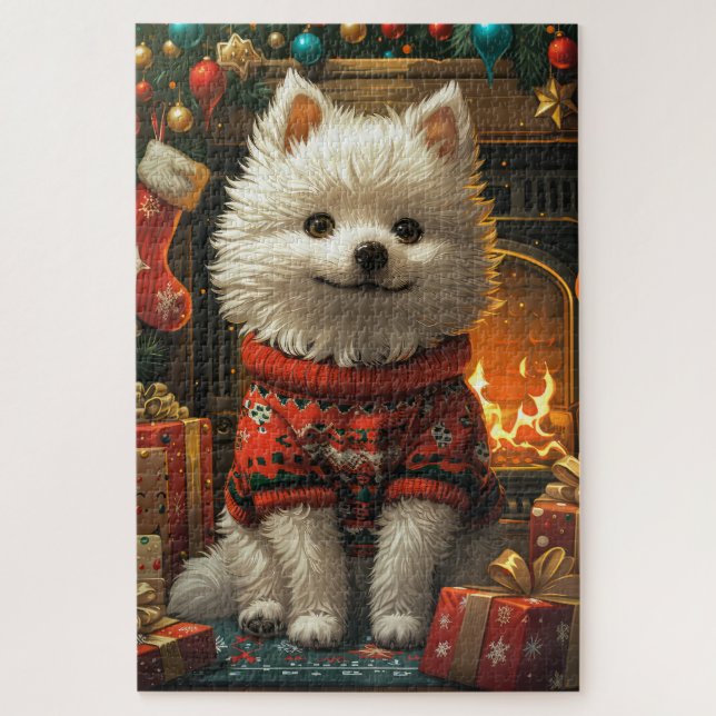American Eskimo Dog With Christmas Gifts Fireplace Jigsaw Puzzle (Vertical)