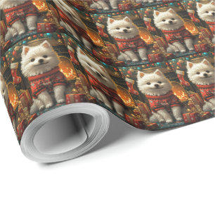 American Eskimo Dog With Christmas Gifts Fireplace Wrapping Paper