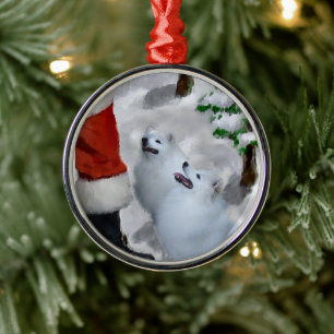 American Eskimo Dog With Santa Christmas Metal Ornament