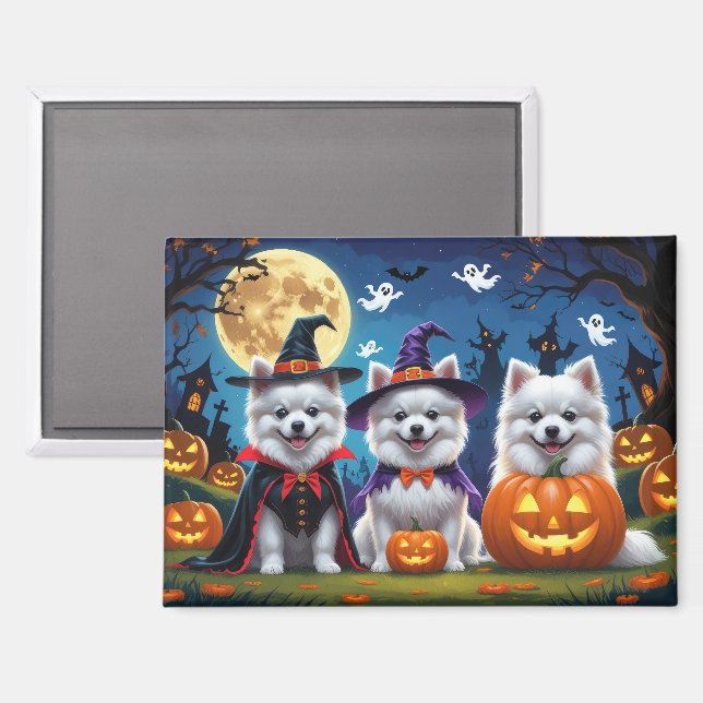 American Eskimo Dogs Pumpkin Halloween Funny Magnet (Front/Back)