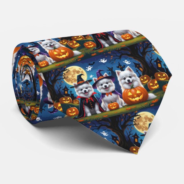 American Eskimo Dogs Pumpkin Halloween Funny Tie (Rolled)