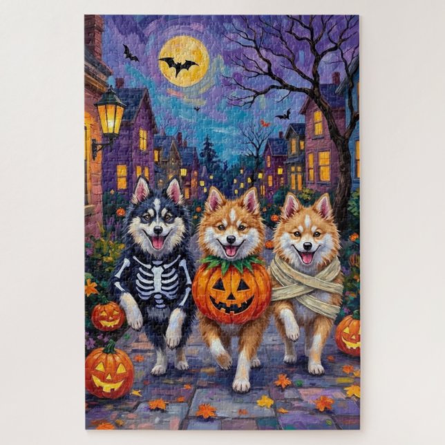 American Eskimo Dogs Trick-or-Treating Halloween Jigsaw Puzzle (Vertical)