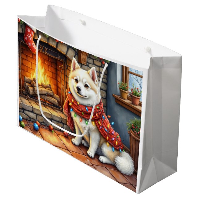 American Eskimo Fireplace with Christmas Lights Large Gift Bag (Front Angled)