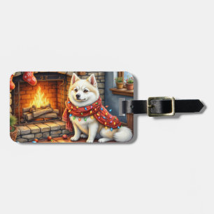American Eskimo Fireplace with Christmas Lights Luggage Tag