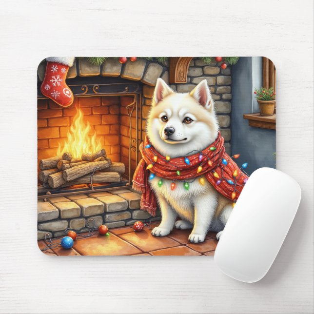 American Eskimo Fireplace with Christmas Lights Mouse Pad (With Mouse)