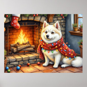 American Eskimo Fireplace with Christmas Lights Poster