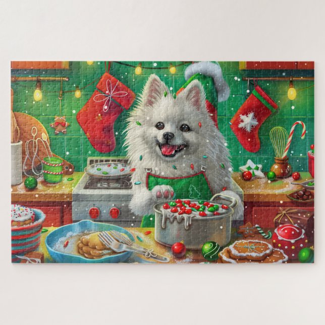 American Eskimo Holiday Baking: Festive Christmas Jigsaw Puzzle (Horizontal)