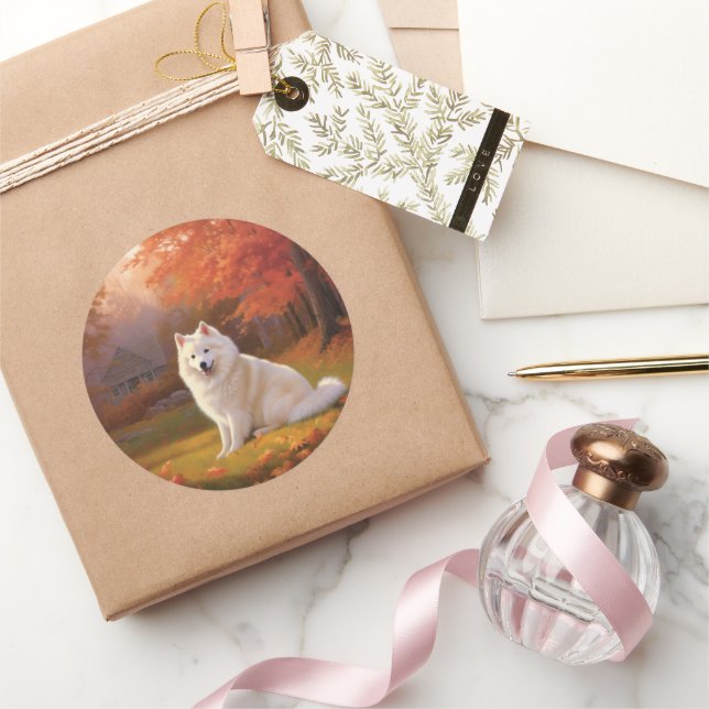 American Eskimo in Autumn Leaves Fall Inspired Classic Round Sticker (Gifting)