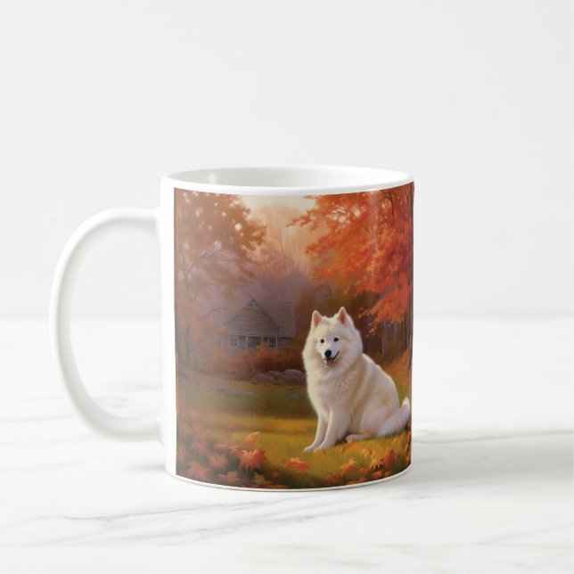 American Eskimo in Autumn Leaves Fall Inspired Coffee Mug (Left)