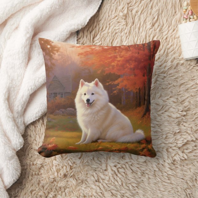 American Eskimo in Autumn Leaves Fall Inspired Cushion (Blanket)