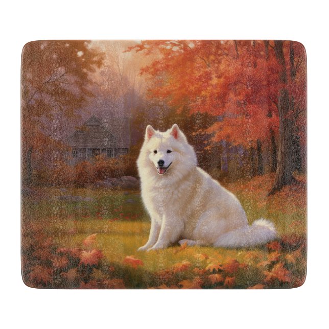 American Eskimo in Autumn Leaves Fall Inspired Cutting Board (Front)