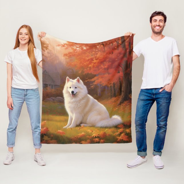 American Eskimo in Autumn Leaves Fall Inspired Fleece Blanket (In Situ)