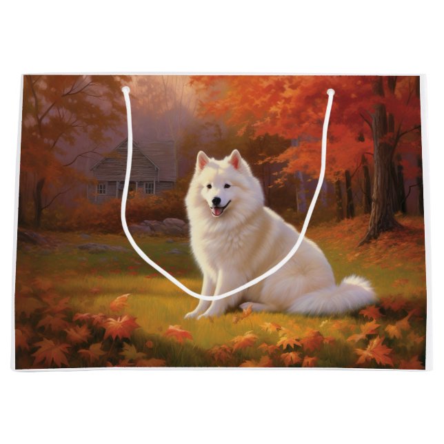 American Eskimo in Autumn Leaves Fall Inspired Large Gift Bag (Front)
