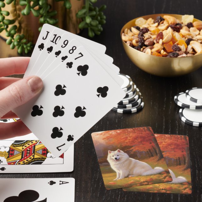 American Eskimo in Autumn Leaves Fall Inspired Playing Cards (In Situ)