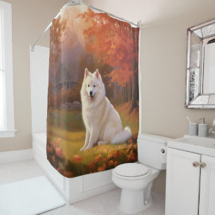 American Eskimo in Autumn Leaves Fall Inspired Shower Curtain