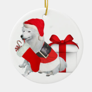 American Eskimo in santa suite Ceramic Ornament