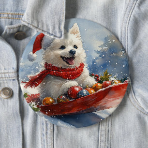 American Eskimo in Sledge Let it Snow Christmas 6 Cm Round Badge