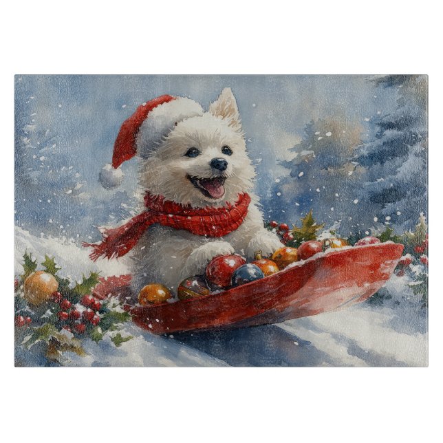 American Eskimo in Sledge Let it Snow Christmas Cutting Board (Front)