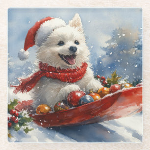 American Eskimo in Sledge Let it Snow Christmas Glass Coaster