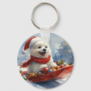 American Eskimo in Sledge Let it Snow Christmas Key Ring