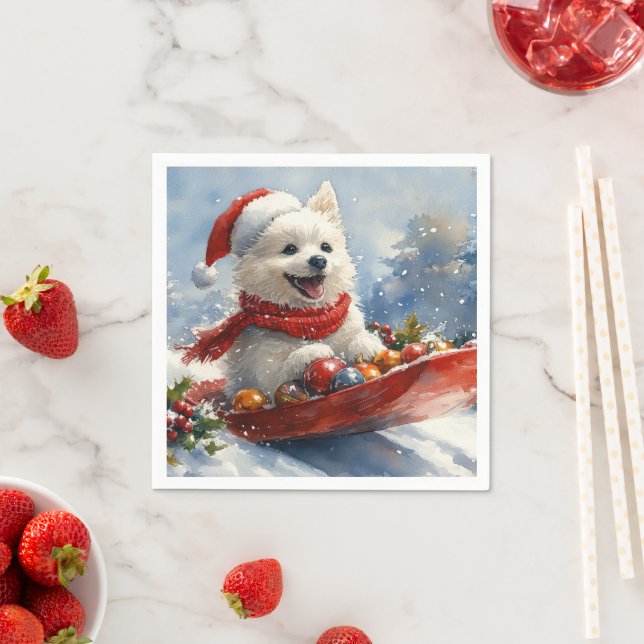 American Eskimo in Sledge Let it Snow Christmas Napkin (Insitu)
