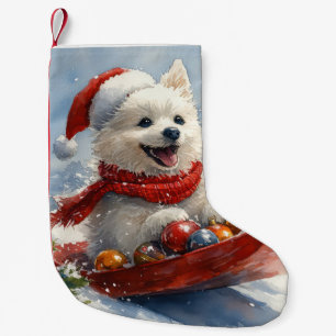 American Eskimo in Sledge Let it Snow Christmas Small Christmas Stocking
