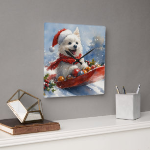 American Eskimo in Sledge Let it Snow Christmas Square Wall Clock