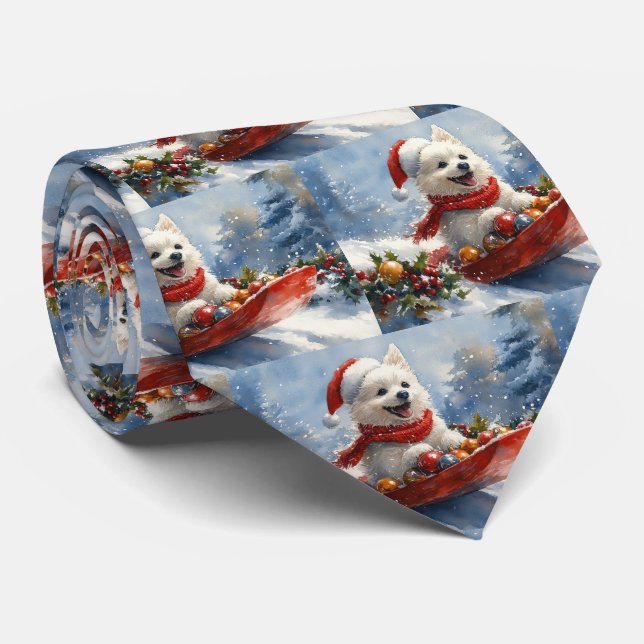 American Eskimo in Sledge Let it Snow Christmas Tie (Rolled)