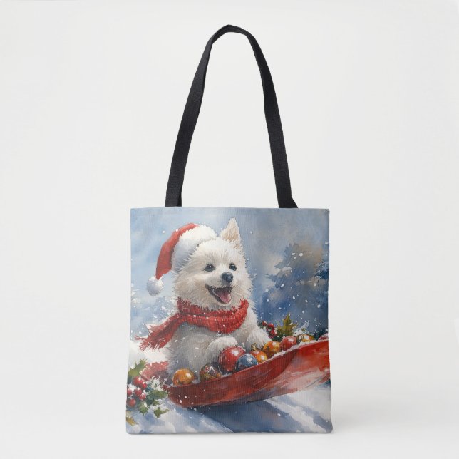 American Eskimo in Sledge Let it Snow Christmas Tote Bag (Front)