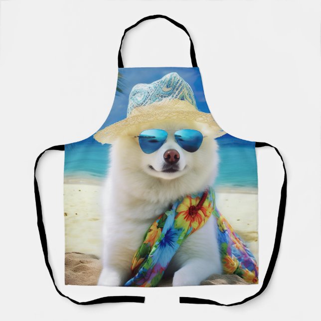 American Eskimo on Beach,summer gift for dog lover Apron (Front)