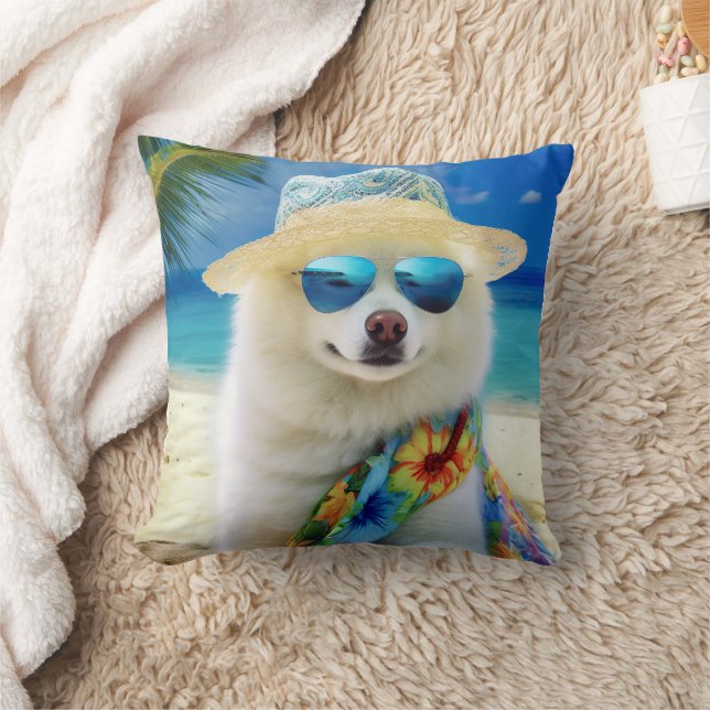 American Eskimo on Beach,summer gift for dog lover Cushion (Blanket)